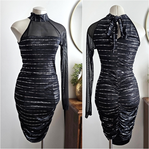 VTG Cameo USA Rare Black Silver One Shoulder Ruched Cocktail Bodycon Dress Sz M